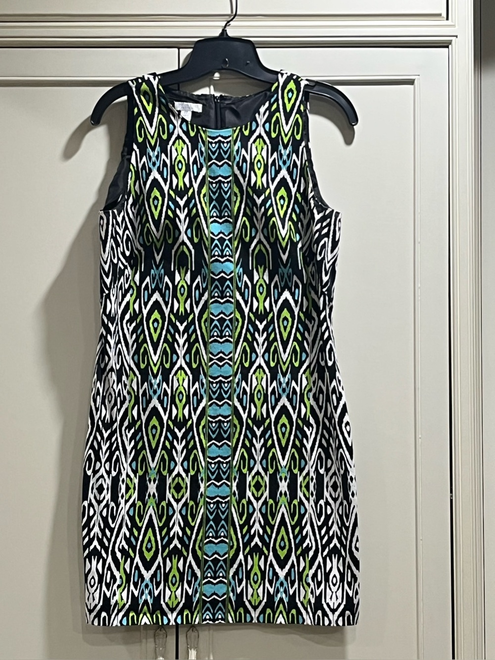 London Times 8P Sleeveless Geometric Print Dress - Black,White,Turquoise&Lime
